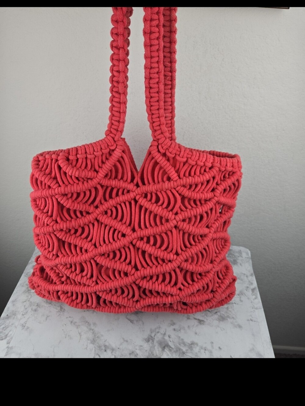 C&C California Handmade Macramé Tote Bag in Coral Pink
